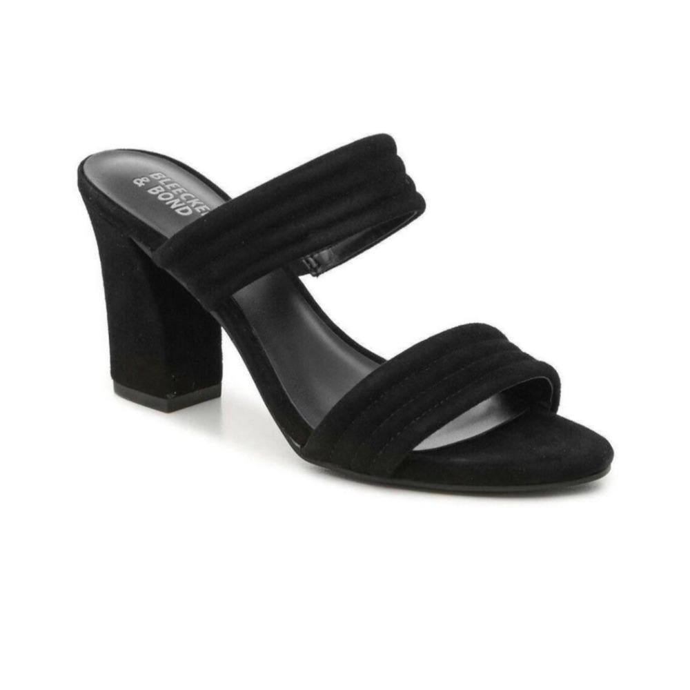 Bleecker & Bond Dorothy 8M Black Suede Quilted Double Strap Block Heel Mules